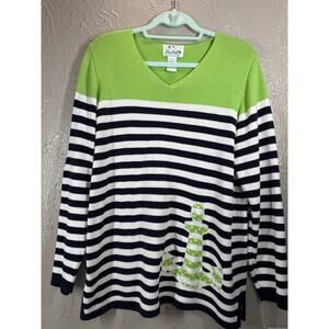 The Quacker Factory Nautical Sweater Womens Green Black Sequins‎ Anchors Medium
